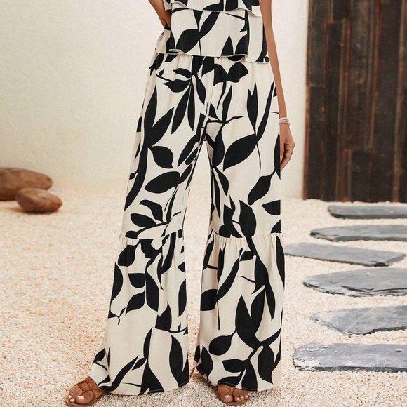 White And Black Boho Womens Plants Print Cami Top & Wide Leg Pants - Picture 4 of 5